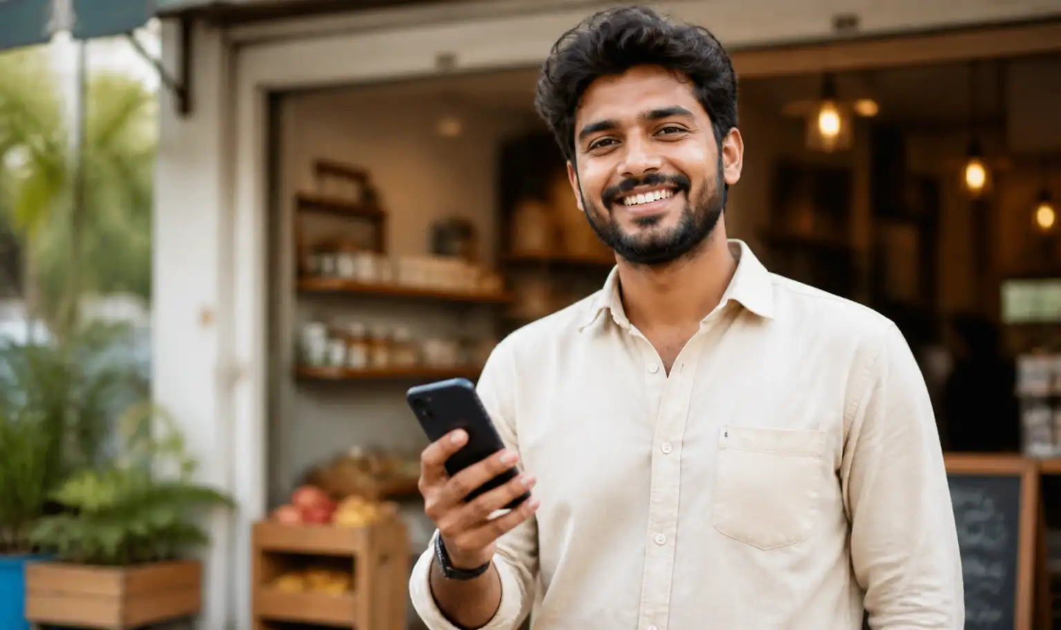 Commerçant souriant tenant son smartphone devant sa boutique