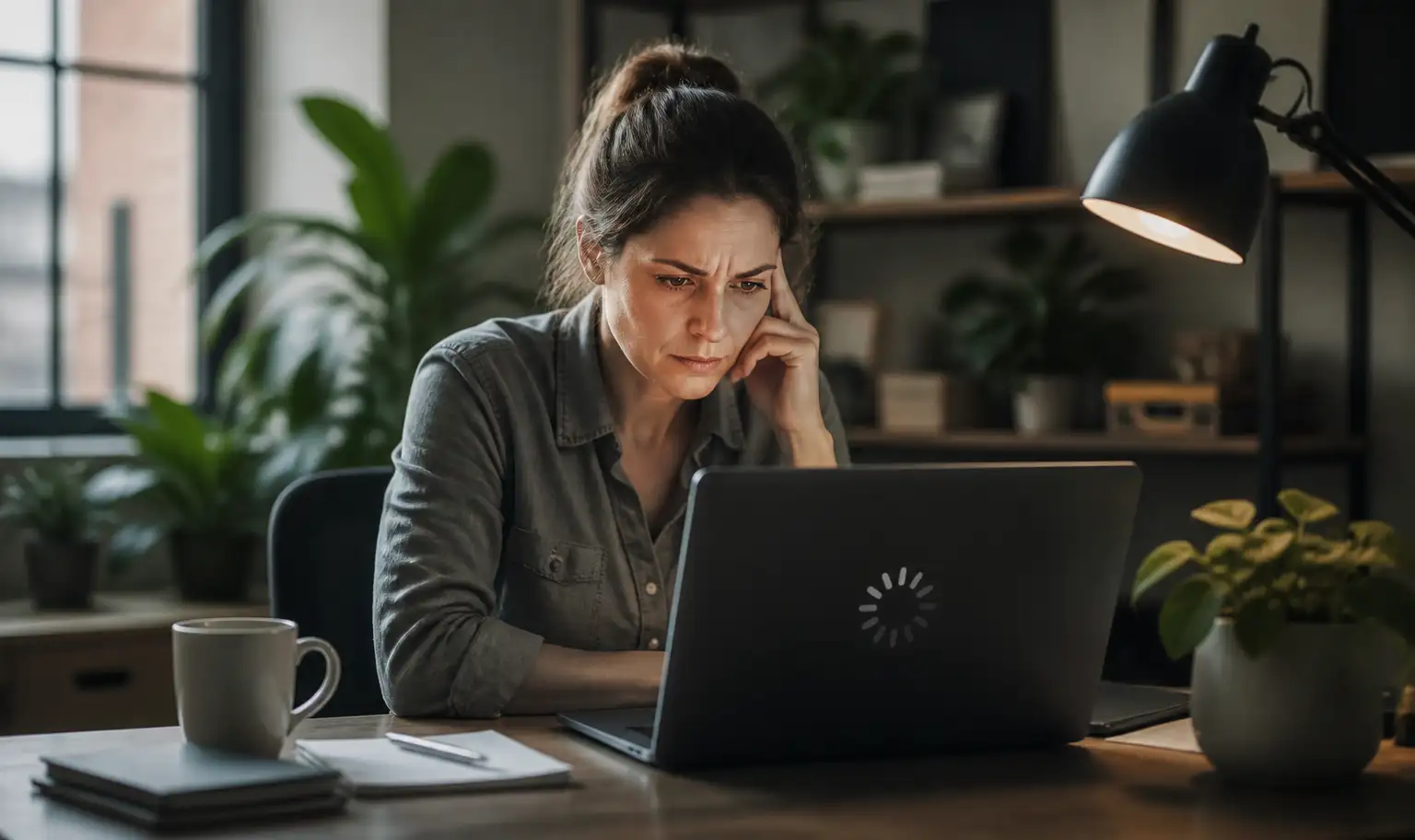 Femme soucieuse devant un ordinateur portable affichant une icône de chargement