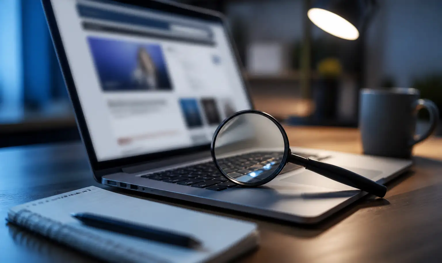 Loupe posée sur le clavier d'un ordinateur portable affichant un site web
