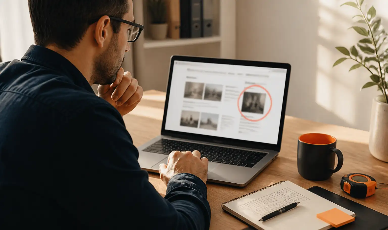 Loupe posée sur un écran d'ordinateur affichant un site web avec des zones surlignées en rouge
