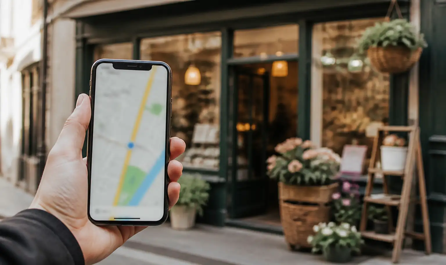 Main tenant un smartphone affichant une carte devant la vitrine d'un commerce local