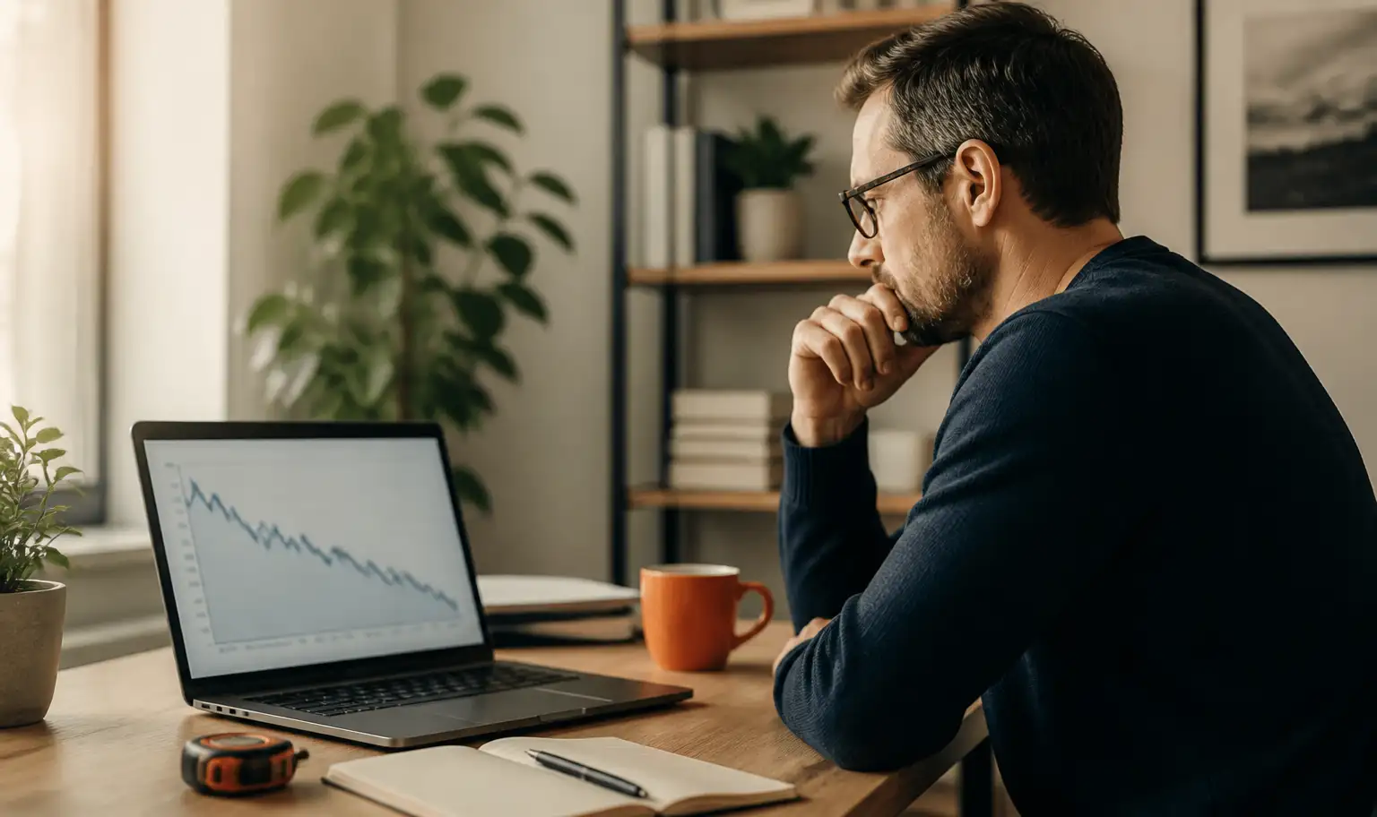 Graphique de statistiques en baisse affiché sur un écran d'ordinateur portable