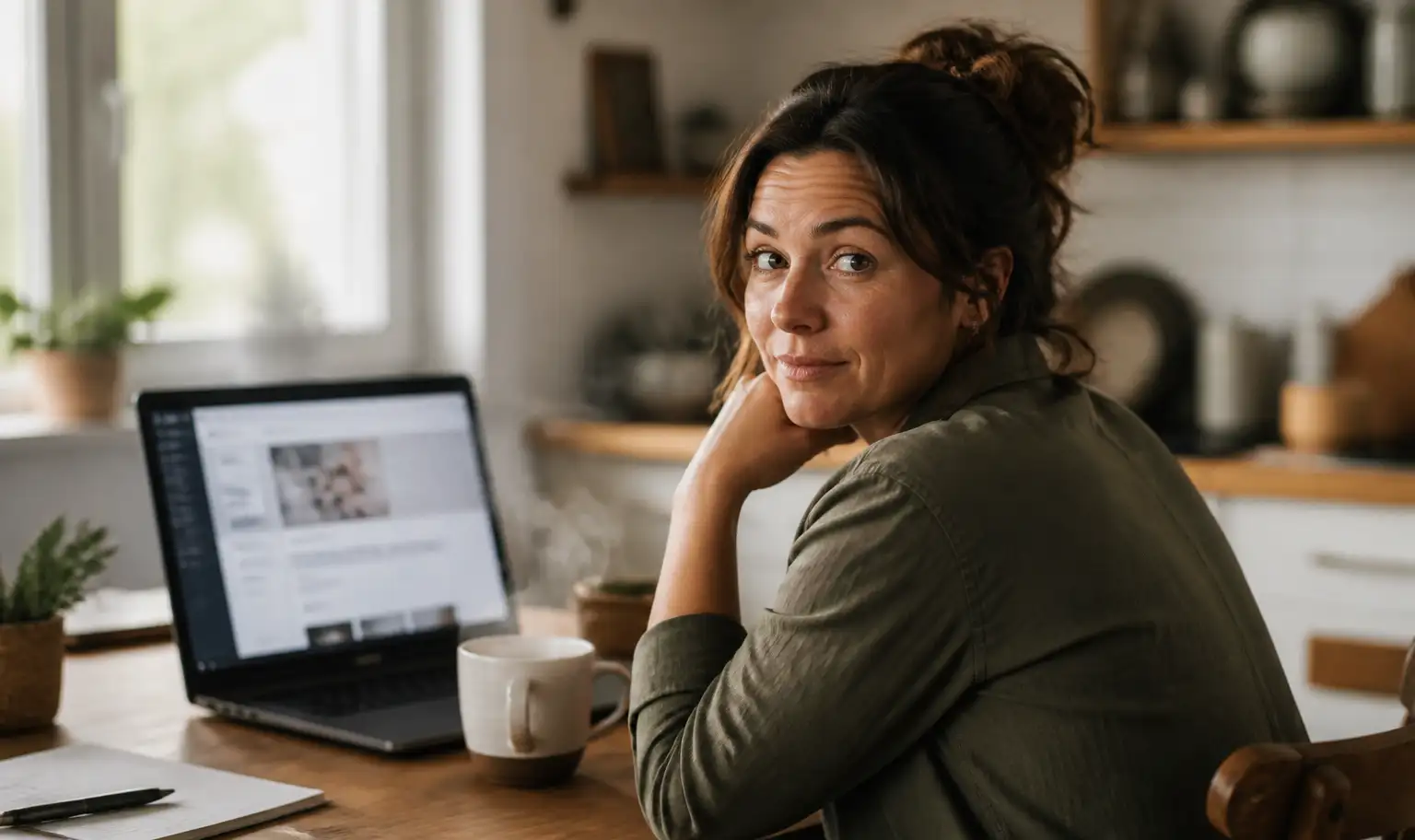 Femme souriante devant un ordinateur portable affichant un éditeur de site généré