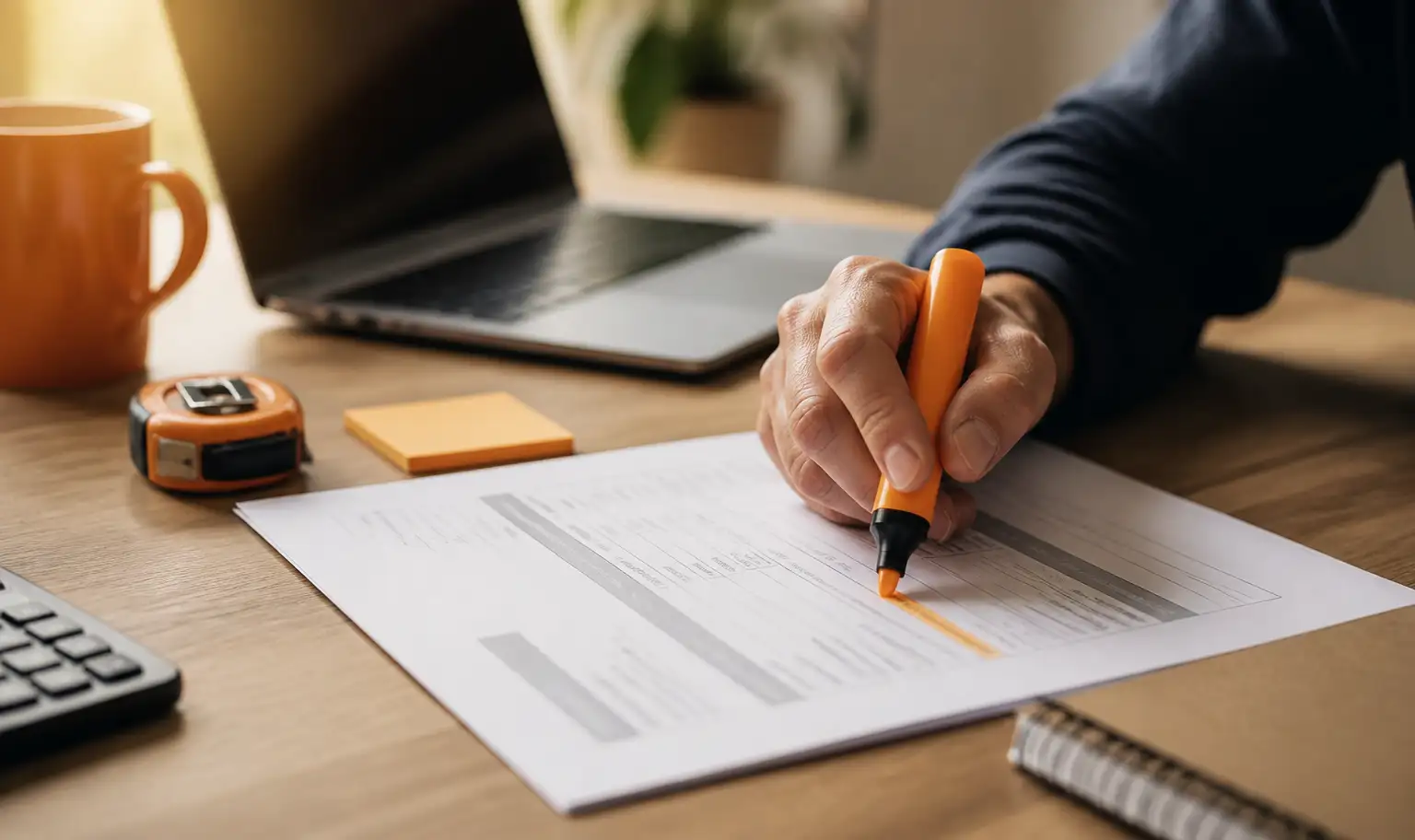 Main tenant une facture avec des frais cachés surlignés, ordinateur portable en arrière-plan