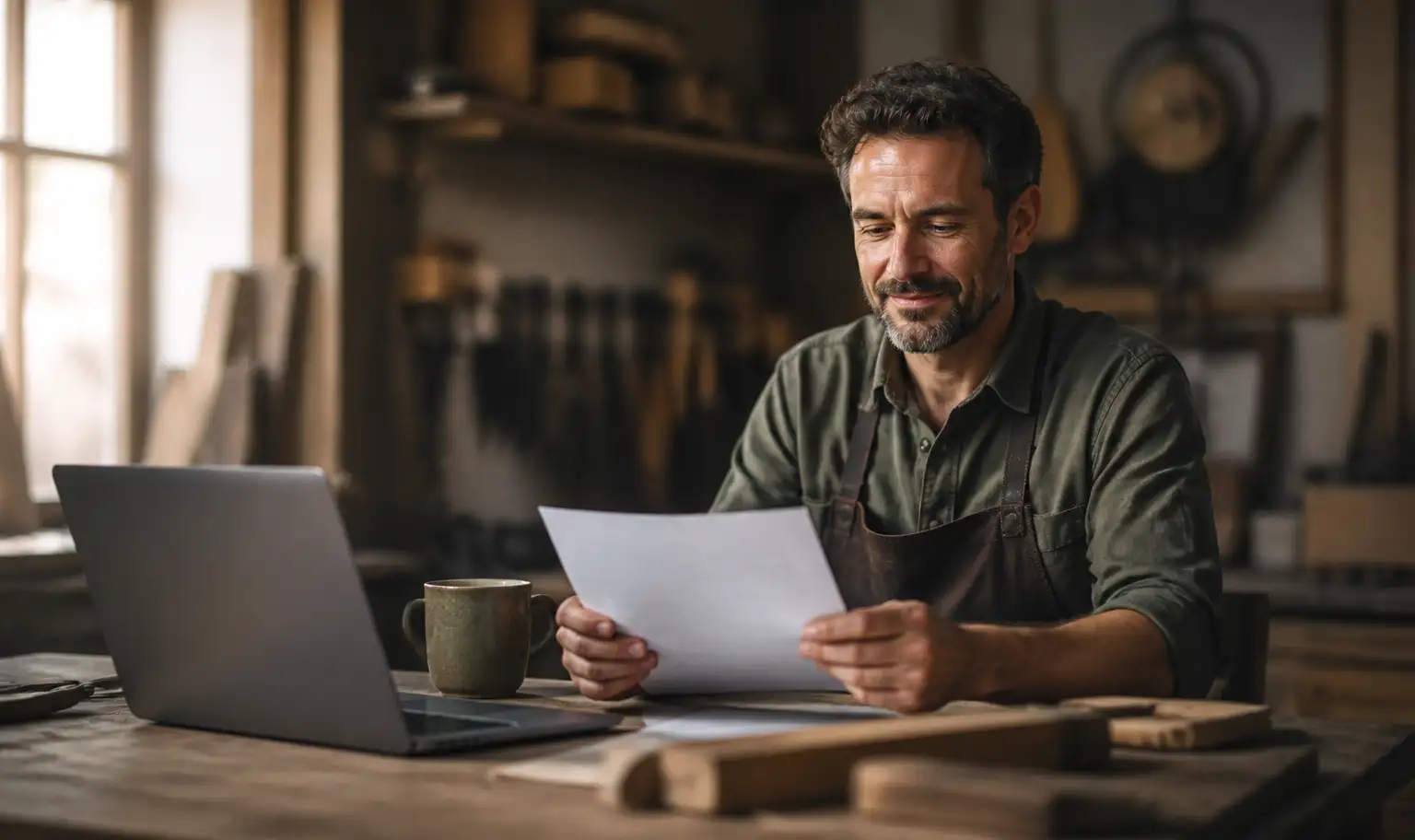 Artisan menuisier consultant un devis papier dans son atelier, ordinateur portable sur l'établi