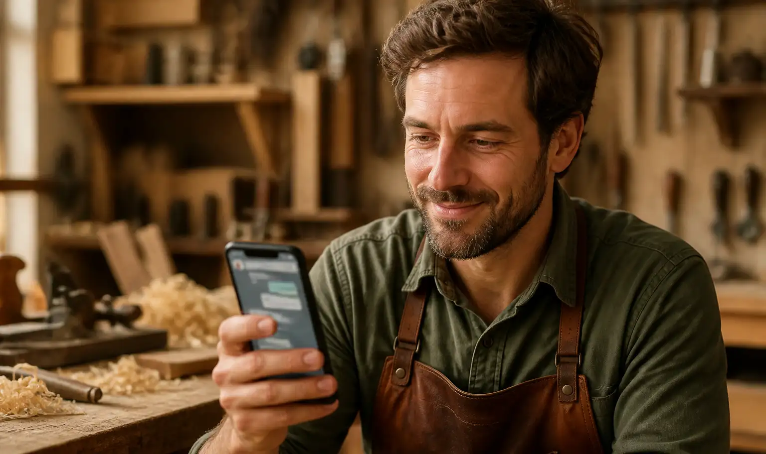 Artisan souriant consultant une conversation sur son smartphone dans son atelier